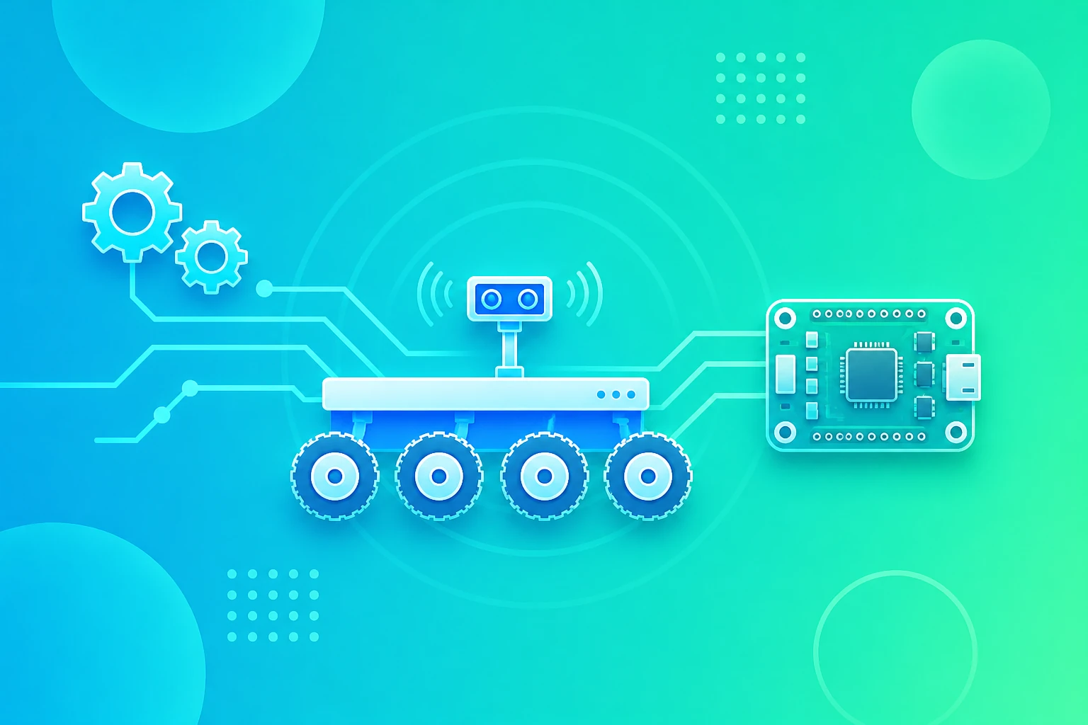A bright teal educational rover connected to gears and a controller board